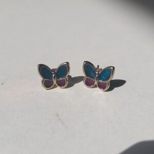 Butterfly Stud Earrings Blue Purple Enamel Gold Tone